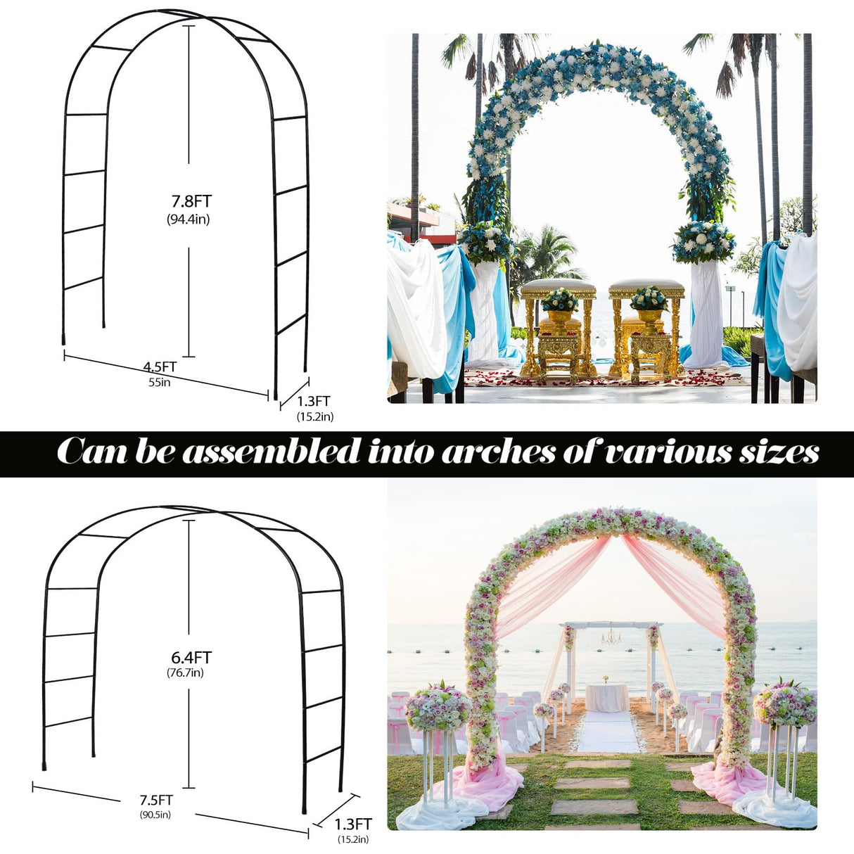 Thickened Rustproof Garden Arch, Wedding Arch- 4.6 * 7.8 or 6.4 * 7.5Ft, Easy to Assemble, Long Lasting and Durable, Metal Arch for Garden Arbor Trellis & Climbing Plant ROOLLYA