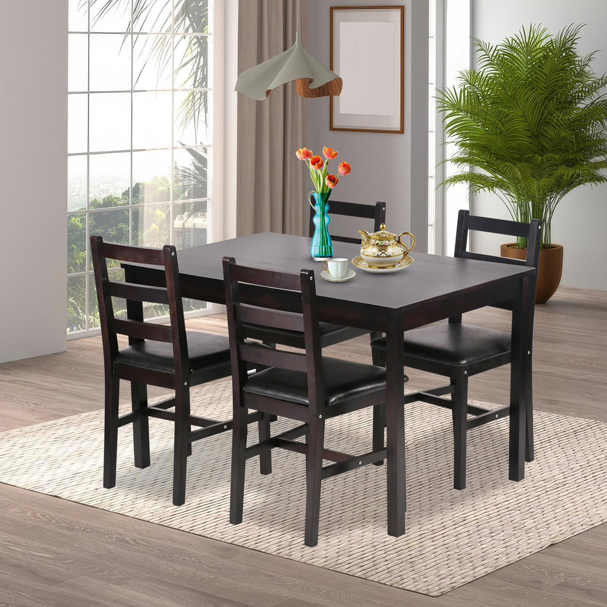 MGHH 5 Pieces Kitchen Dining Room Set Dining Kitchen Table and Chairs Mid Century Style Wood Dinette Table Set for Home Family Dining Area Dark Brown MGHH