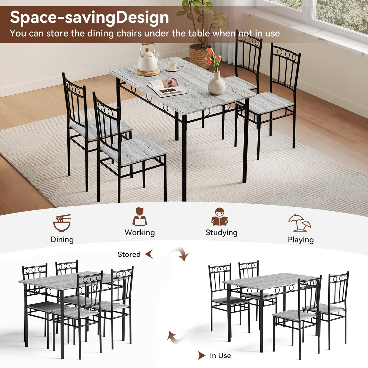 Vipbear Kitchen Dining Table Set for 4, 5-Piece Kitchen Table Set,Dining Room Table Sets,Rectangular Kitchen Table Set with 4 Chairs for Small Space, Dinette,Apartment,Rustic Grey Vipbear