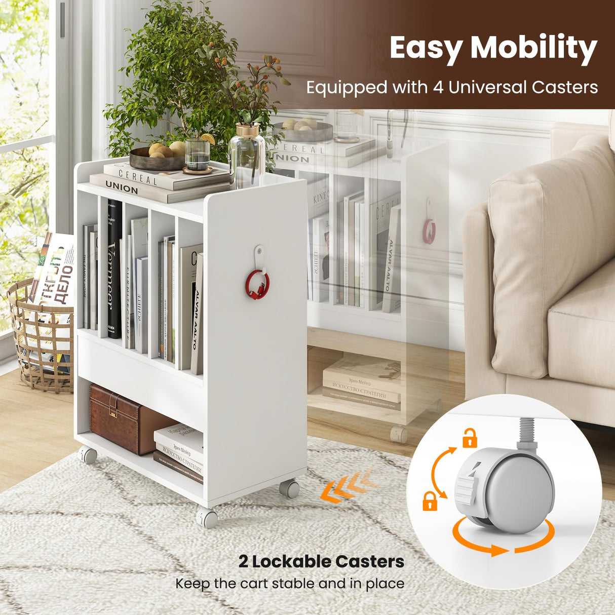 Giantex Record Player Stand, Rolling Turntable Stand with Drawer, Hook & Lockable Wheels, Vinyl Record Display Shelf Holds Up to 180 Albums, for Living Room Bedroom (White) Giantex