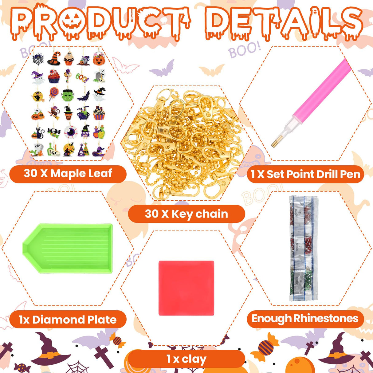 WILLBOND 30 Pcs Glow in Dark Halloween Diamond Art Keychain Ornaments DIY Double Sided Halloween Luminous Diamond Painting Keychain Kits for Adults Key Ring Art Pendant Tree Decor WILLBOND