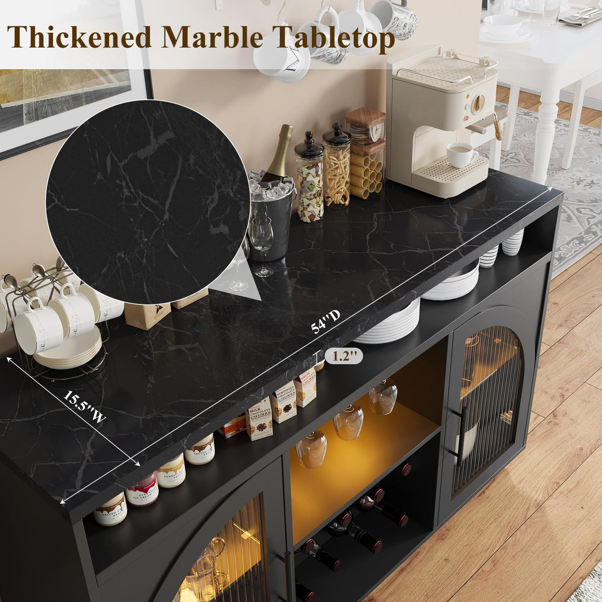 SOLACE FURNITURE Sideboard Buffet Cabinet, 54" Kitchen Cabinet with LED Lights & Arched Glass Doors, Tall Bar Cabinets with 2 Adjustable Shelves, Wine Rack & Storage Table for Dining Room, Black SOLACE FURNITURE