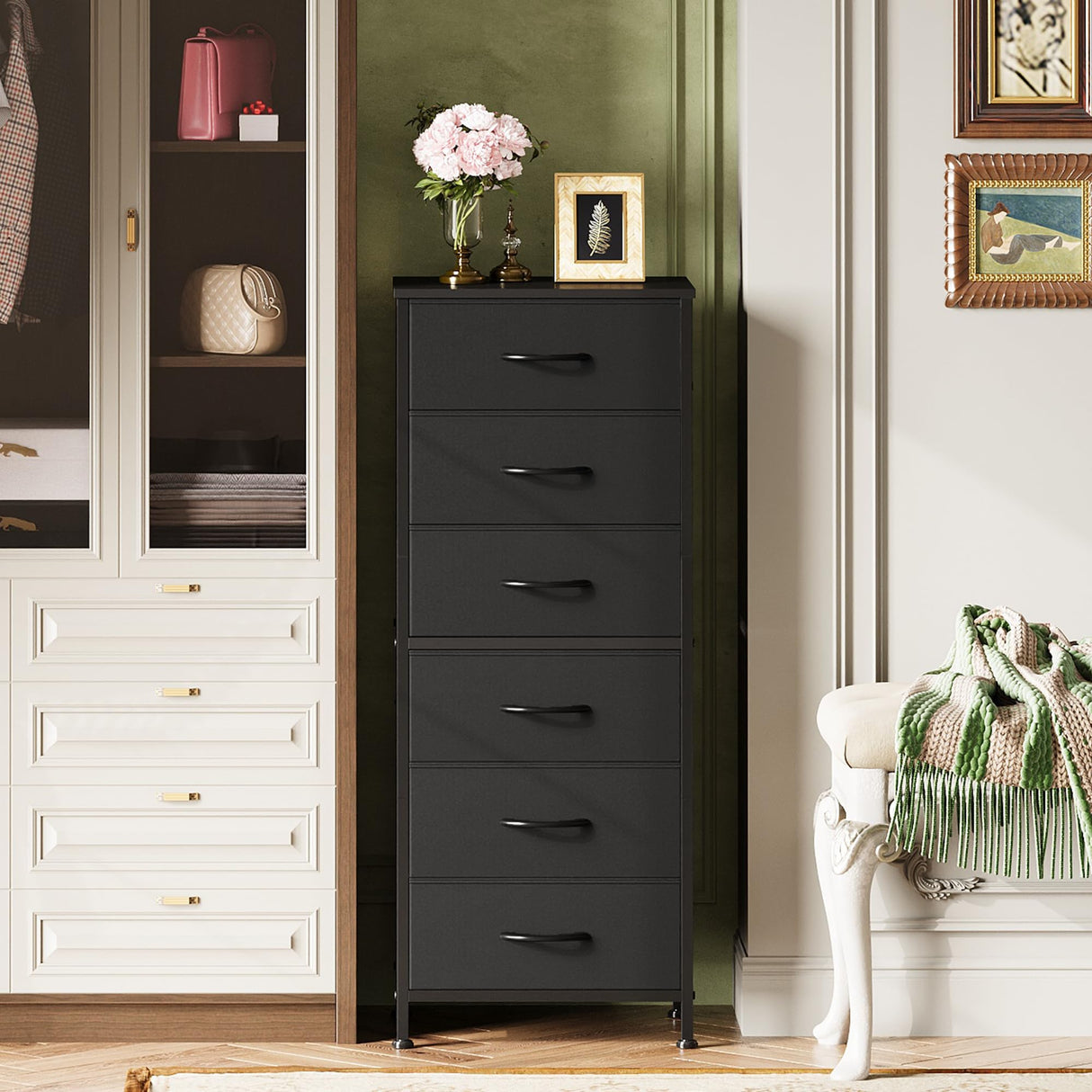 WLIVE Black Tall Dresser for Bedroom, 6 Drawer Dressers & Chests of Drawers, Fabric Dresser for Closet, Living Room, Night Stand with Metal Frame, Storage Tower with Fabric Bins, Wood Top WLIVE