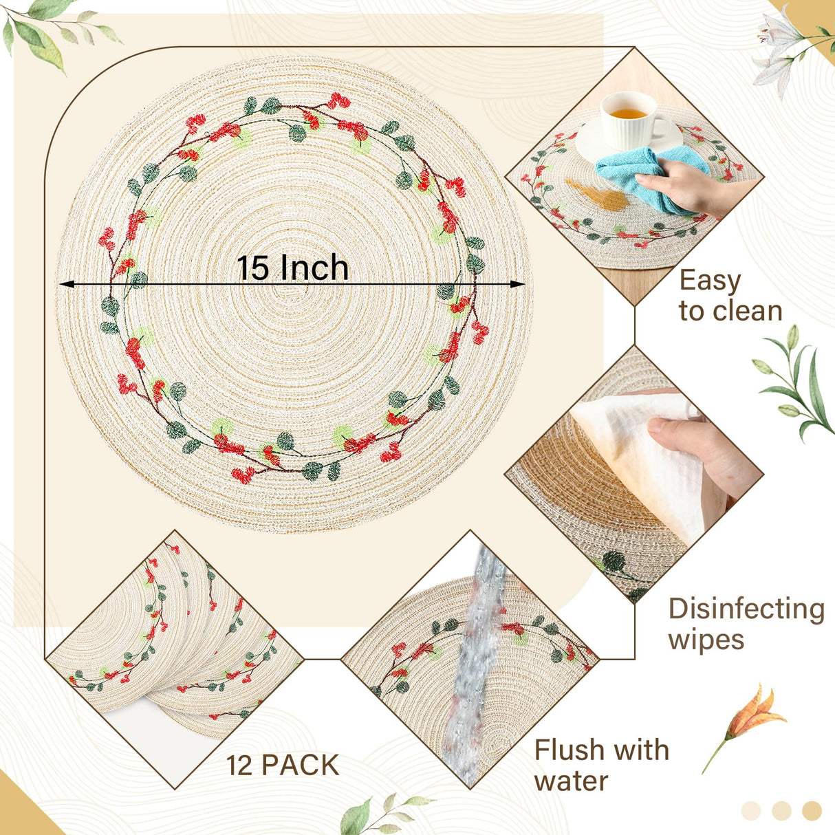 Buryeah 12 Set Christmas Round Placemats Washable 15 Inch Woven Placemats Embroidered Applique Place Mats Christmas Decorations for Winter Holiday Kitchen Dining Table (Berry) Buryeah