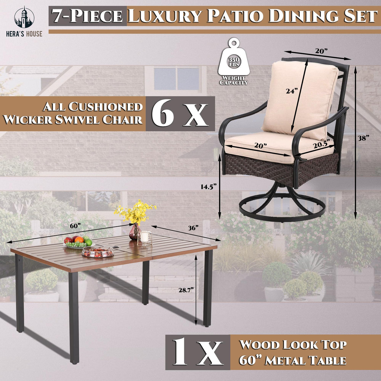 HERA'S HOUSE 7 Pieces Patio Dining Sets, 6 x Swivel Dining Chairs with Removable Cushions, 1 x Rectangular Wood-Like Dining Table, Outdoor Furniture Set for Patio Lawn Garden Porch HERA'S HOUSE