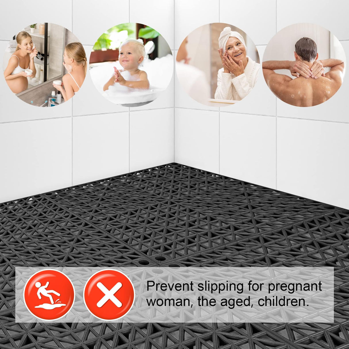 MYFAMIREA Modular Interlocking Cushion 12 Pack 11.8" x 11.8" Rubber Floor Tiles Non-Slip Splicing Drainage Mats for Deck, Pool, Outdoor Shower, Patio, Balcony, Indoor Bathroom, Kitchen (Gary Black) MYFAMIREA