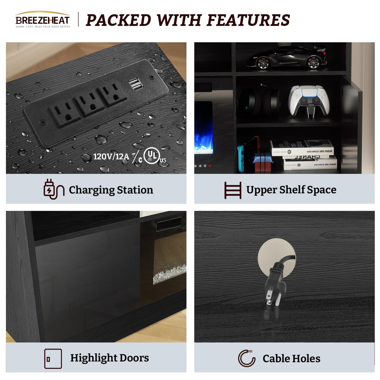 BREEZEHEAT Electric Fireplace TV Stand-Led Entertainment Center-70 inch TV Stand with 36" Electric Fireplace-Living Room Tv Cabinet with Storage for TVs Up to 80",Modern Media Console (Black) BREEZEHEAT