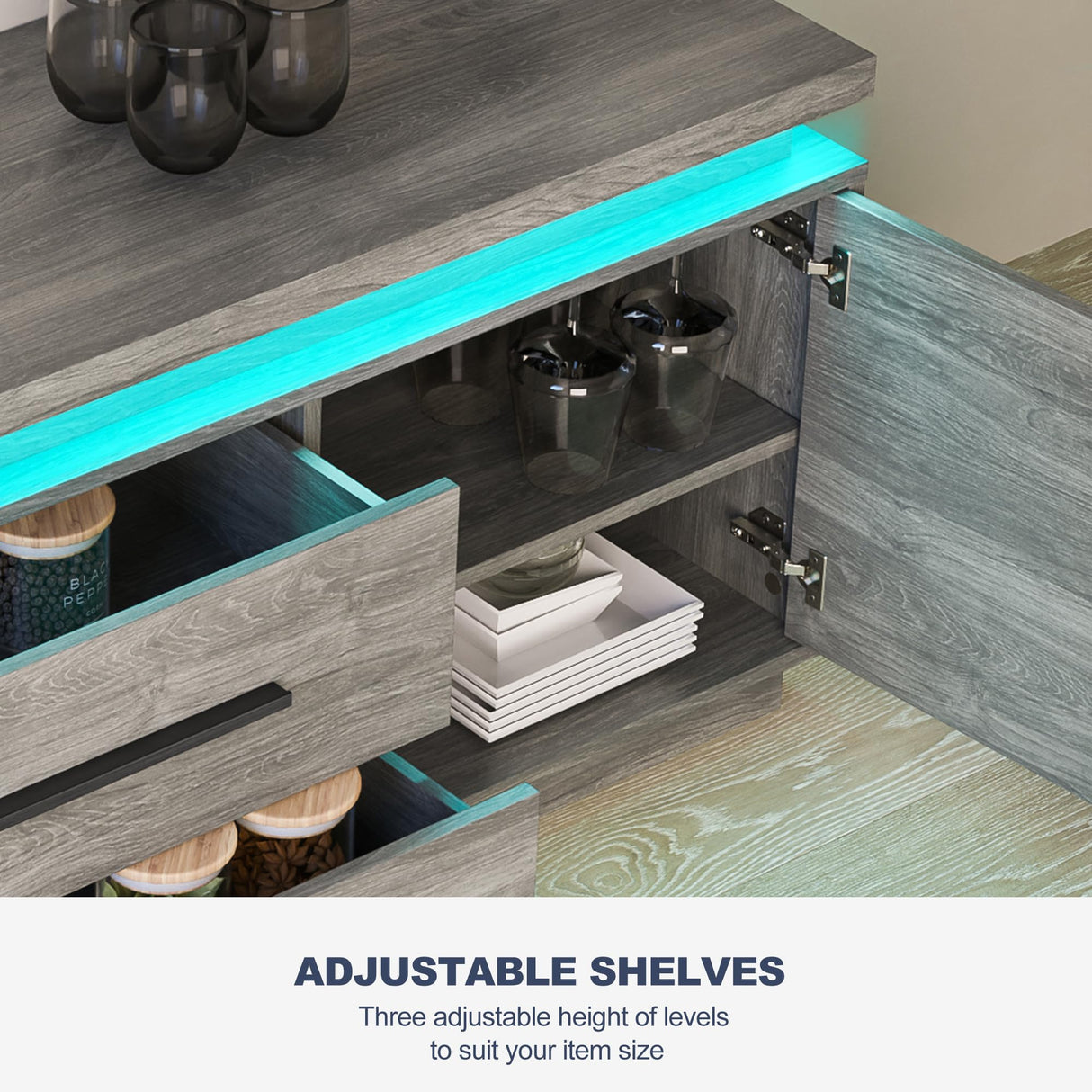 BELLEZE 67" TV Stand for TV up to 75", Modern Entertainment Center with LED Lights Change to Melody of Music, Media Console Table with Cabinets and Drawers for Living Room, Bedroom - Studio (Grey) BELLEZE