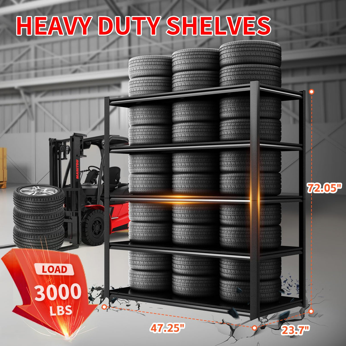 FogQueen 47.2" W x 23.7" D Garage Shelving Heavy Duty Storage Racks 3000LBS Adjustable Metal Shelfs 5 Tier Shelving Units Garage Storage Shelves Industrial Utility Shelf 72" H Tall Shelf for Storage FogQueen