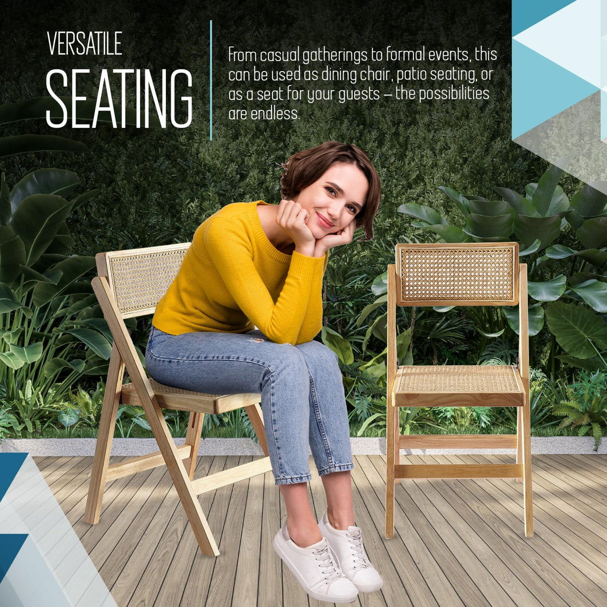 ISL Furnishings Ibiza Rattan Chair, Natural, Set of 2 – Modern Folding Rattan Chairs for Outdoor Dining, Patio, Accent Chair for Living Room and Office, Foldable Space-Saver Design ISL Furnishings