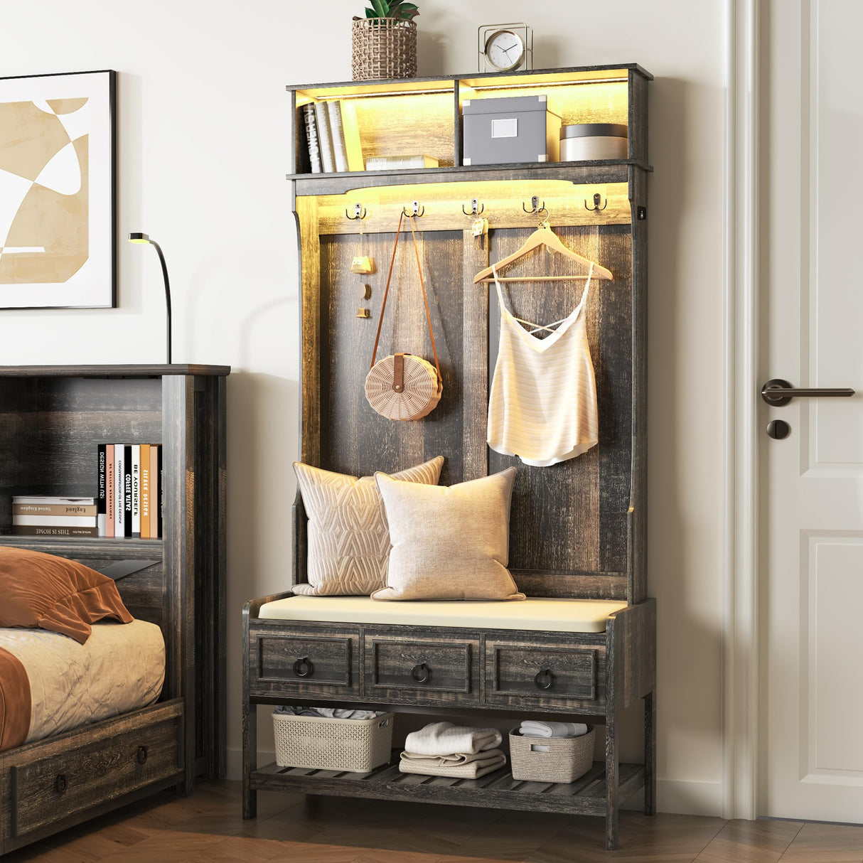 Gurexl 67” Farmhouse Hall Tree with Shoe Storage, Auto Sensor Wood Coat Tree with LED Lights, 3-in-1 Entryway Bench with Coat Rack, Hooks and Drawers for Hallway, Living Room (Dark Rustic Oak) Gurexl