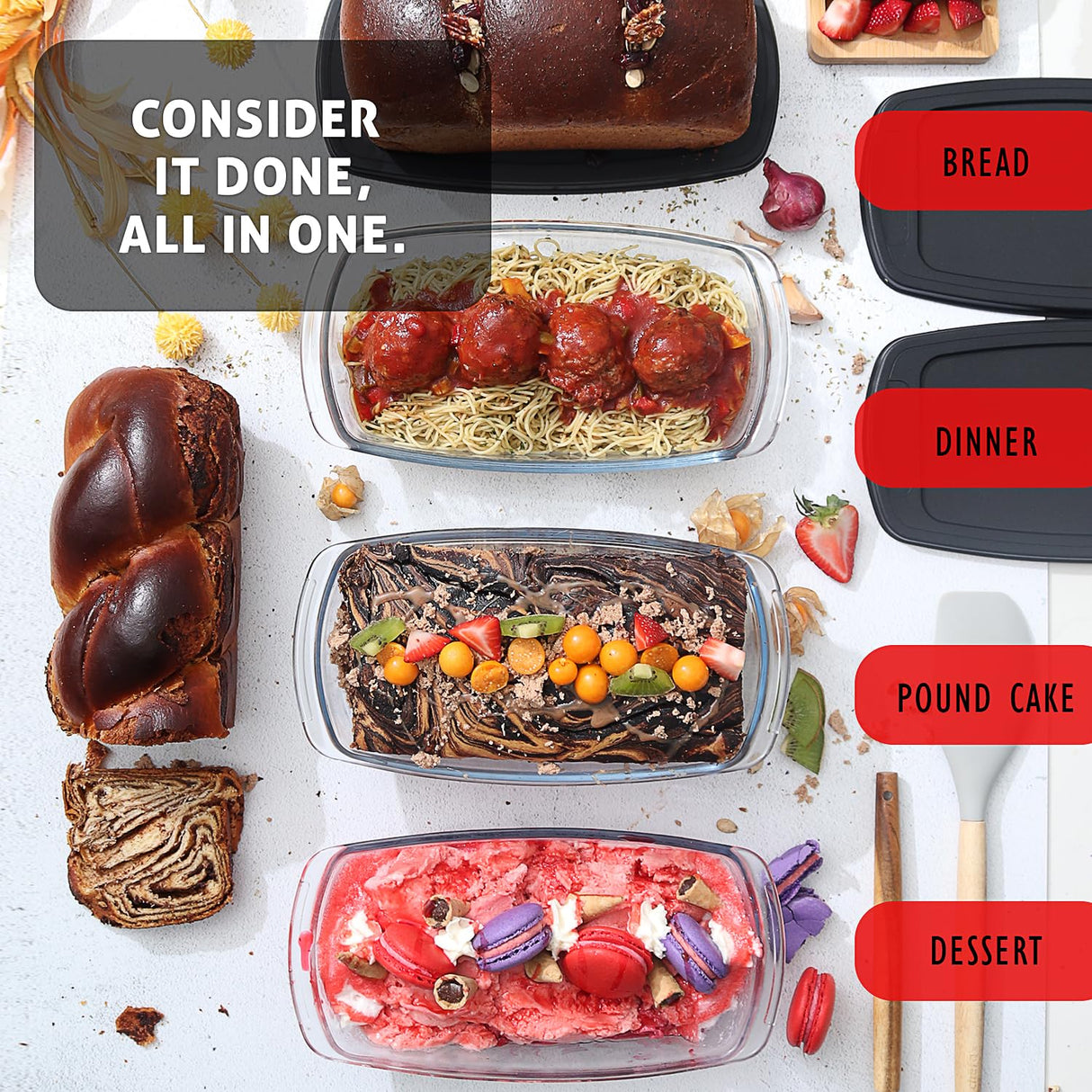 EATEX Glass Bread Pans for Homemade Bread Baking, 1.9 Qt Deep Glass Food Storage Containers with Lids Glass, 3 Glass Bread Loaf Pans 3 Airtight Lids EATEX