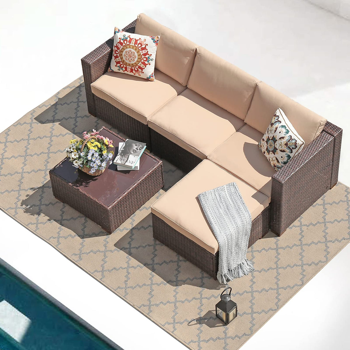 Patiorama 5 Piece Outdoor Patio Furniture Set, Outdoor Sectional Conversation Set, All-Weather Brown PE Wicker w/Beige Cushions, Outdoor Backyard Porch Garden Poolside Balcony Furniture Set Patiorama