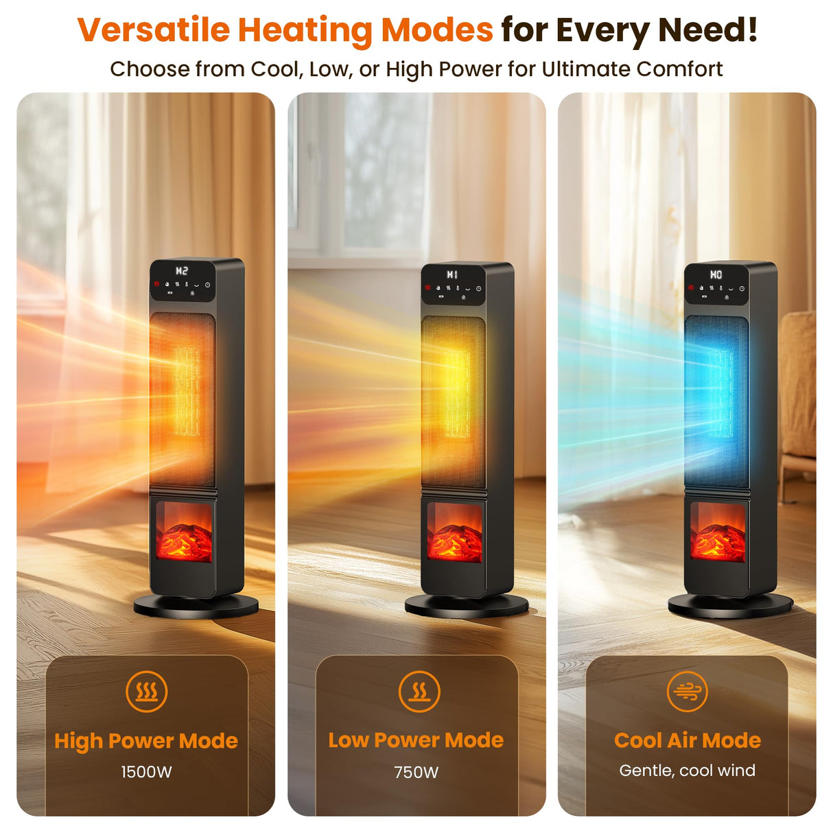 Space Heater, 1500W Electric Fireplace Heaters Indoor Portable with Child Lock & ECO Mode, PTC Ceramic, 3D Flame, 12H Timer, Remote Control, 70° Oscillation, Heating & Fan Modes for Home & Office Riseon