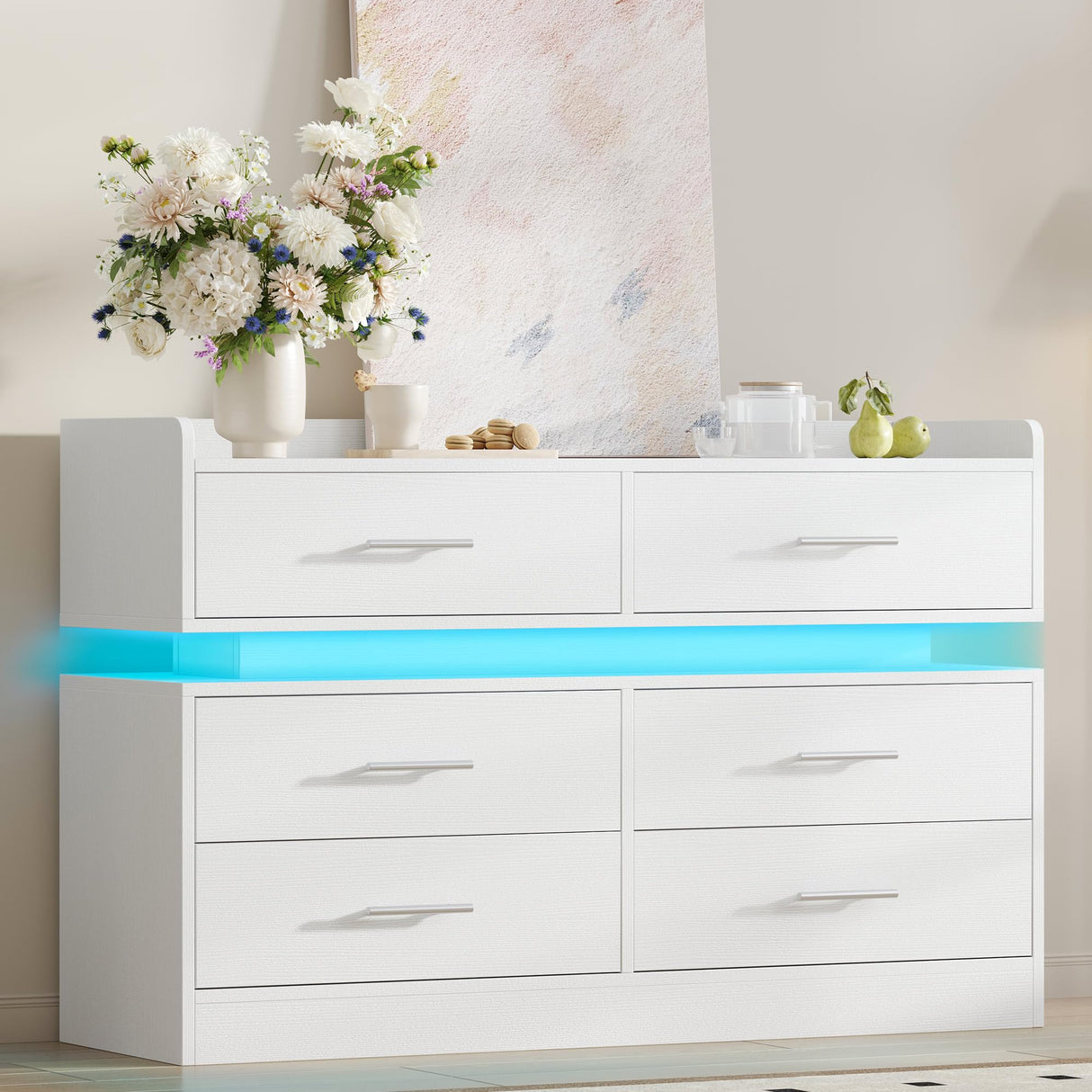 DWVO 6 Drawer Dresser with LED Light, Modern Dresser Chest of Drawers for Closet, Wide Drawer Organizer Cabinet with Top Storage Shelf, White DWVO