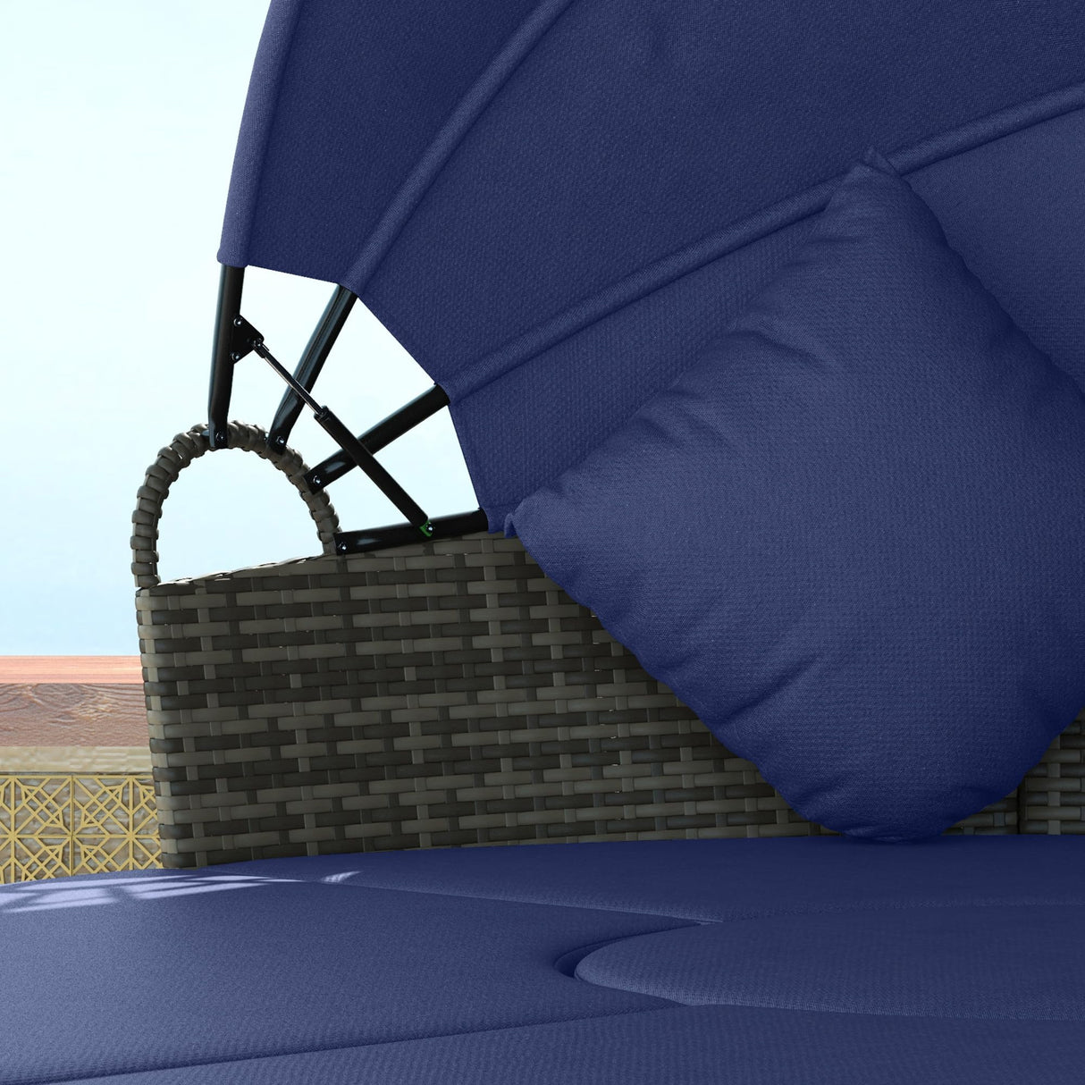 Outsunny 4 Piece Round Rattan Daybed, Convertible Patio Furniture Set, Adjustable Sun Canopy, Sectional Outdoor Sofa, 2 Chairs, Extending Tea Table Ottoman Chair, 3 Pillows, Dark Blue Outsunny