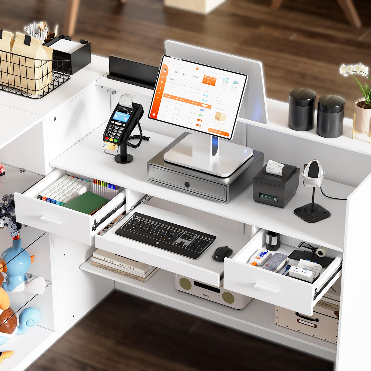 SDMY Reception Desk with Counter,70.9inch Front Counter Table with Transparent Display Case,Welcome Desk with 2 Drawers & Open Shelves for Reception Room,Office, Lobby, Cafe, Beauty Salon,White SDMY