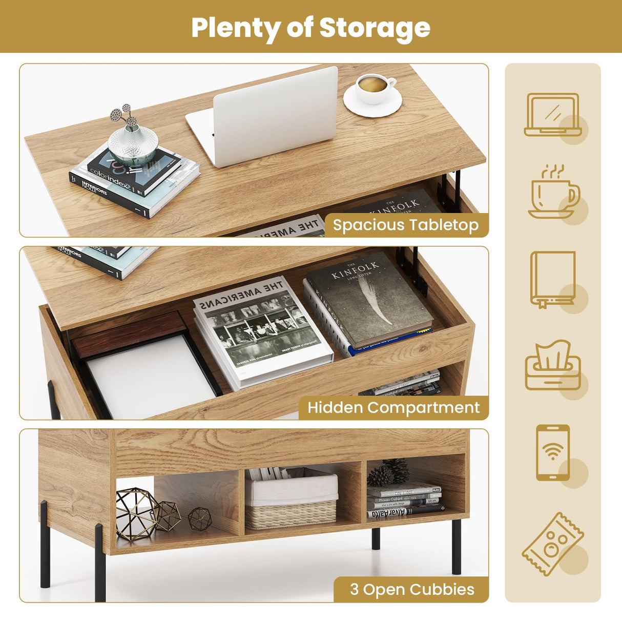 Tangkula Lift Top Coffee Table with Metal Legs, Rising Center Table w/Hidden Compartment & 3 Open Cubbies, Multifunctional Wood Dining Working Table for Living Room Reception Room (Natural) Tangkula