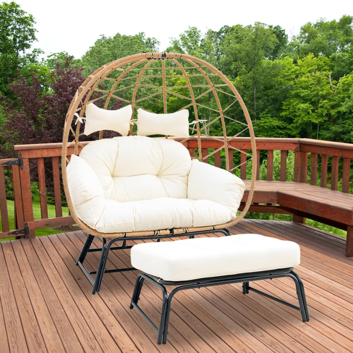 Nevsokio Double Wicker Outdoor Egg Chair,Lounge Chair with Ottoman,Oversized Patio Chair with Footrests,Cushions, Outdoor Indoor Rattan Chair (Webbing, White) Nevsokio