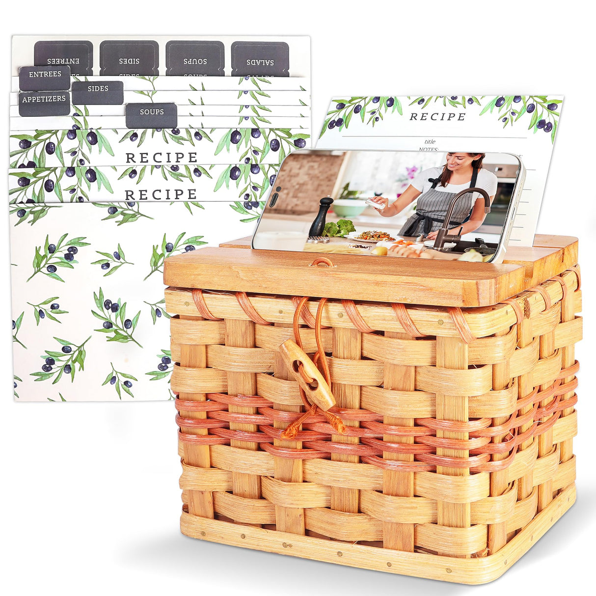 Primo Lines Recipe Box, Bamboo Recipe Organizer with 2 Slots Cellphone Stand, Kitchen Wooden Recipe Holder with 25 Recipe Cards 4"x6" and 12 Dividers, Wicker Picnicbasket Box Set Primo Lines