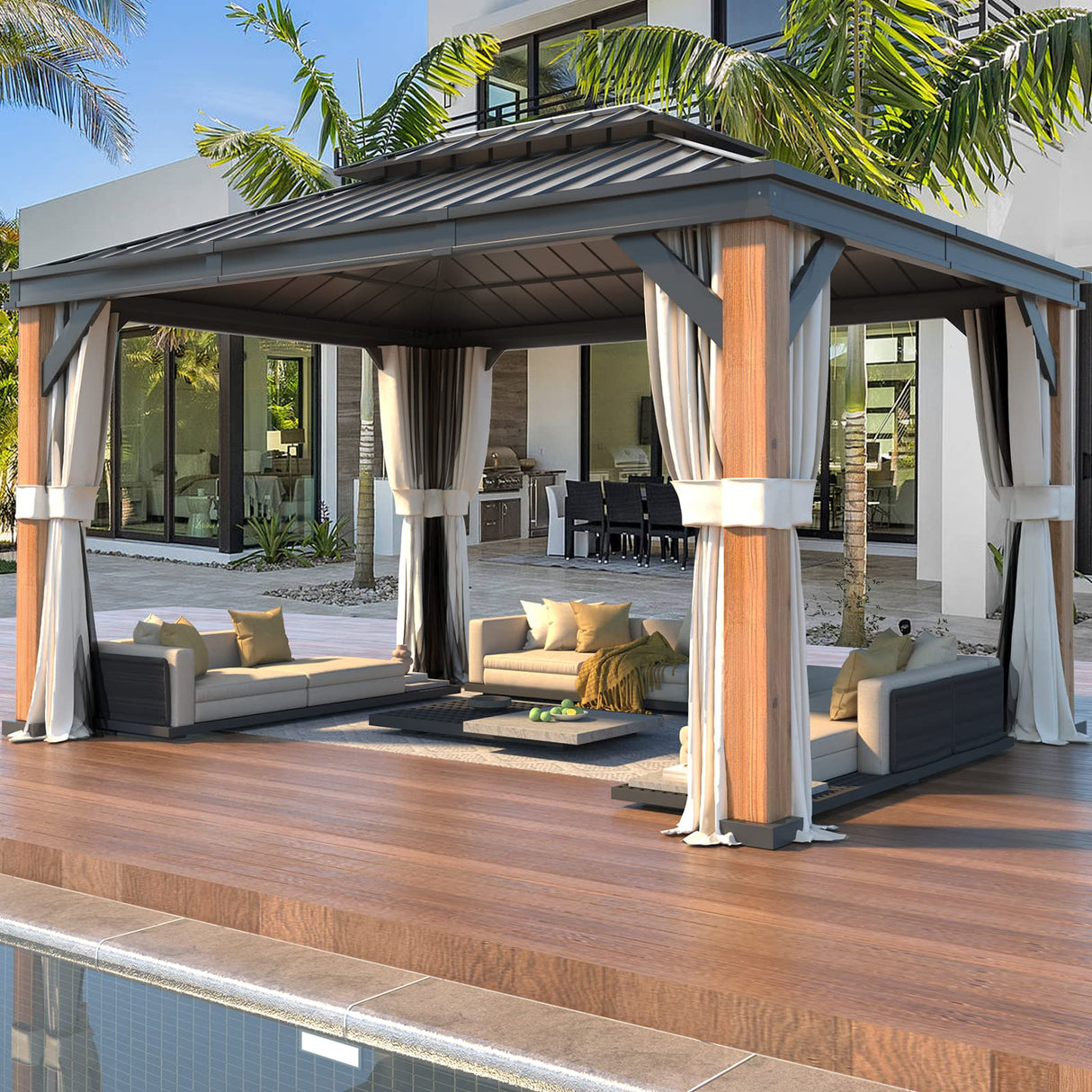 YOLENY 12' x 16' Ultra-Thick Faux Wood Grain Aluminum Frame Hardtop Gazebo, Vertical Stripe Galvanized Steel Double Roof, Outdoor Patio Gazebo Pergolas with Netting and Curtains YOLENY