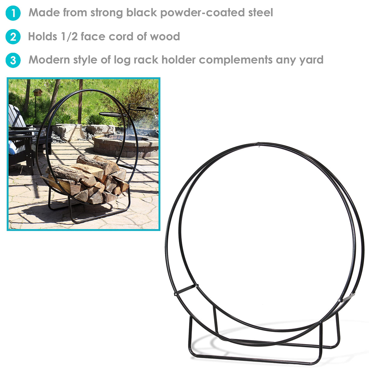 Sunnydaze 48-Inch Firewood Log Rack Hoop - Indoor/Outdoor Round Tubular Steel Wood Storage Holder Sunnydaze