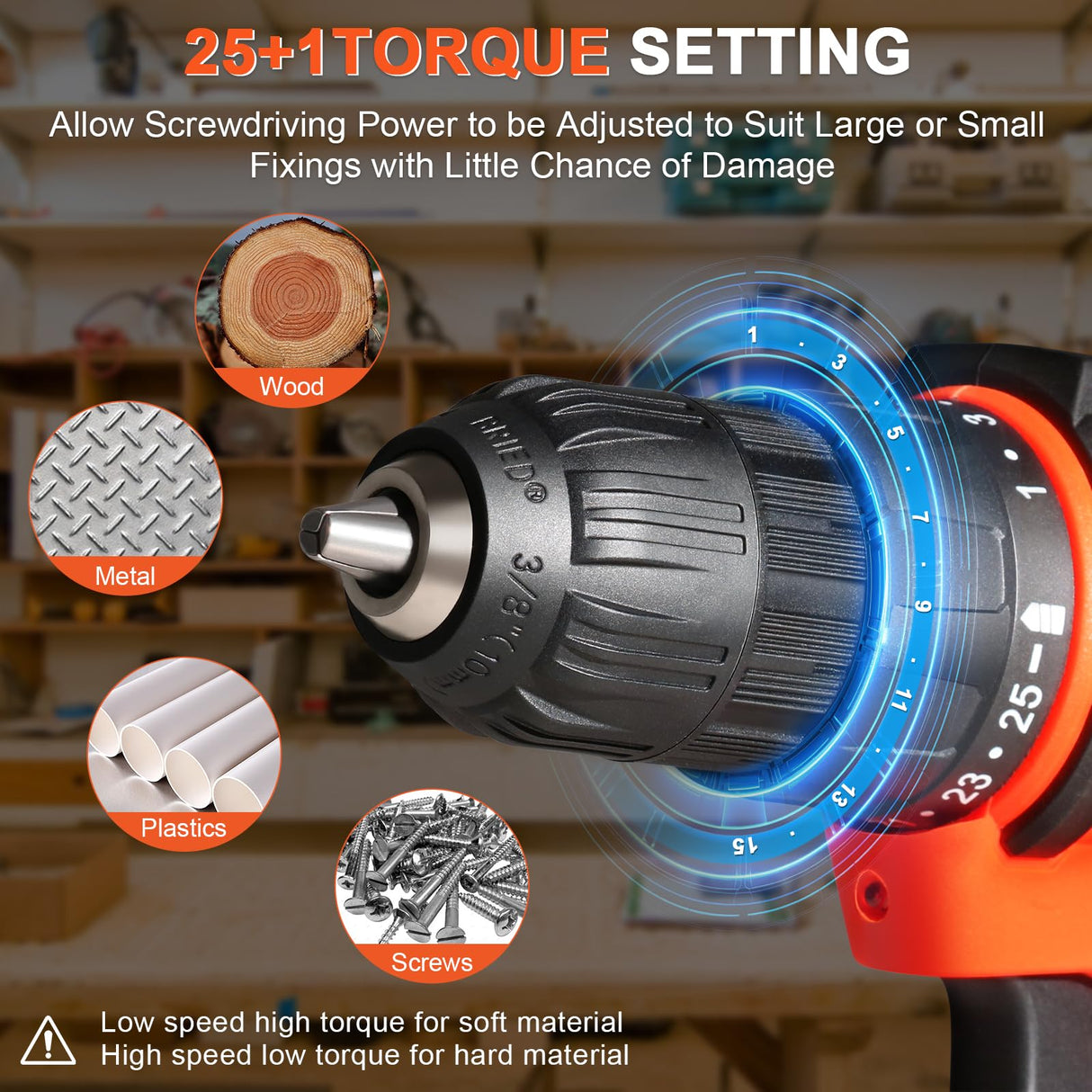 12v Drill Driver Set,Cordless Drill with Battery and Charger,LED Tools Kit,25+1 Torque Setting and 43pcs Bits BIHOO