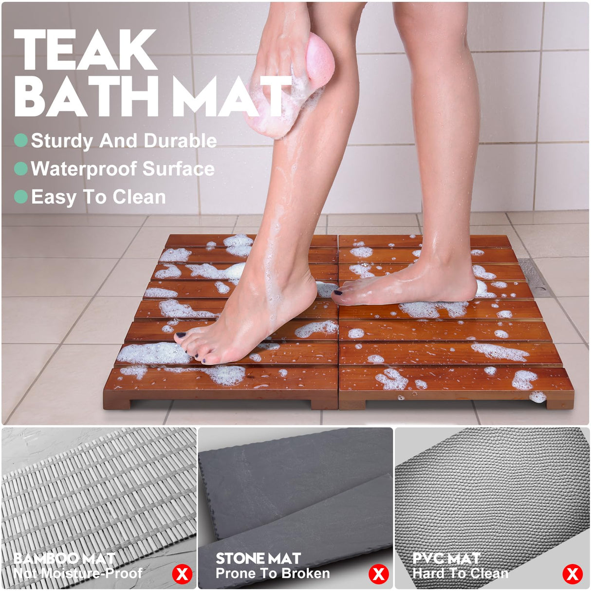 Teak Shower Mat - Foldable Wood Bath Mat, Floor Mat for Bathtub, Door, Spa, Sauna, Pool, Ideal for Indoor Outdoor HONGJUNLEE