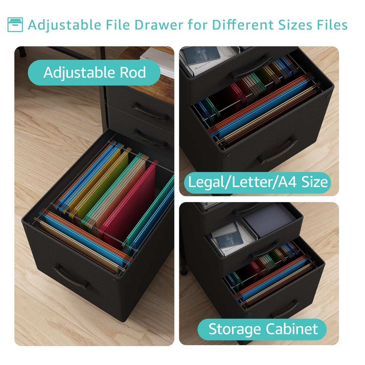 Lufeiya Computer Desk with Fabric File Drawers Cabinet, 55 Inch Home Office Desk with Shelves Monitor Stand, Study Writing Gaming Desks with Led Lights and Power Outlets for Bedroom, Rustic Brown Lufeiya