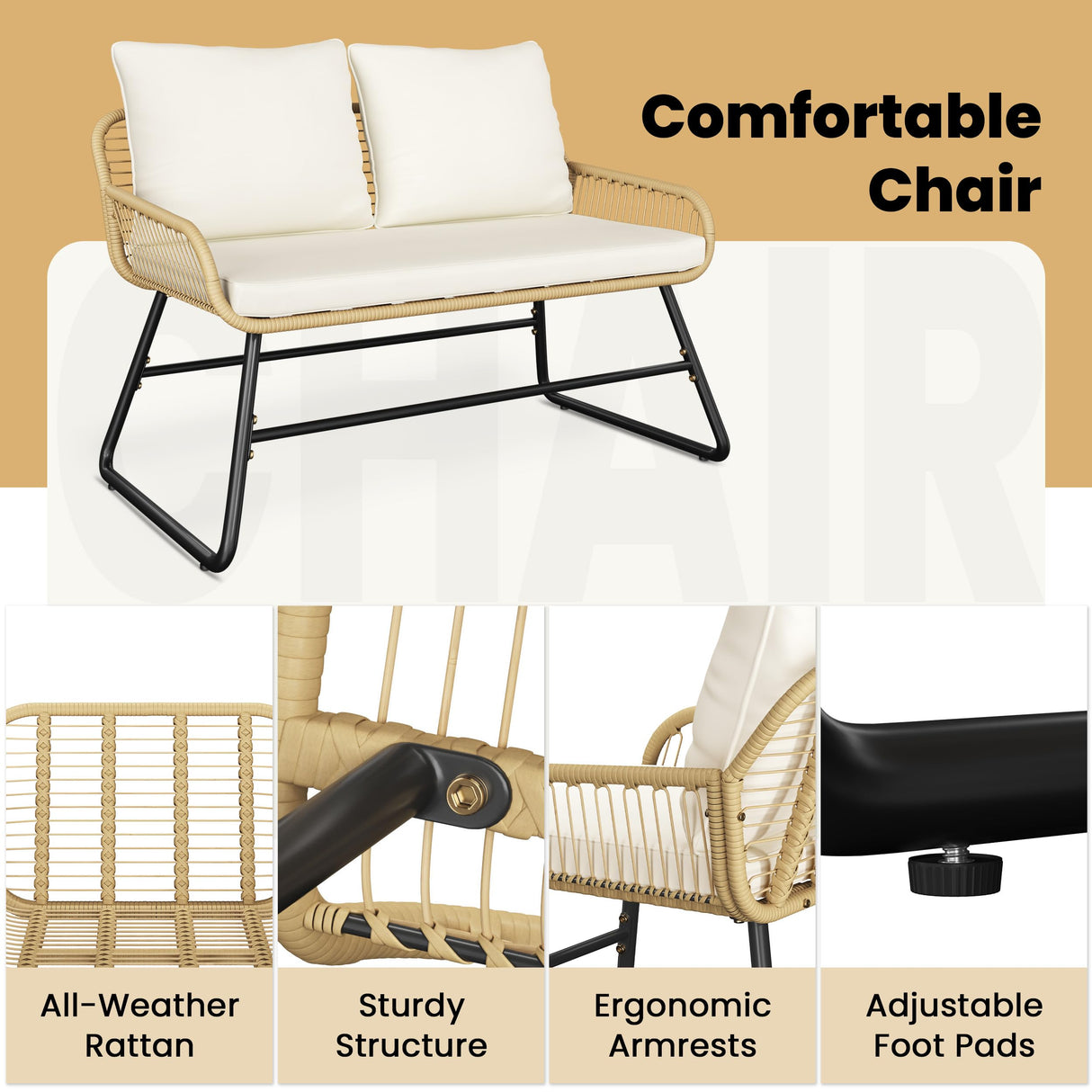 Yaheetech 4 Piece Patio Furniture Set, Outdoor Wicker Conversation Sets, Boho Loveseat & 2 Armchairs with Cushion and Pillow, Glass Top Table for Backyard, Porch, Balcony, Deck - Tan/Cream Yaheetech