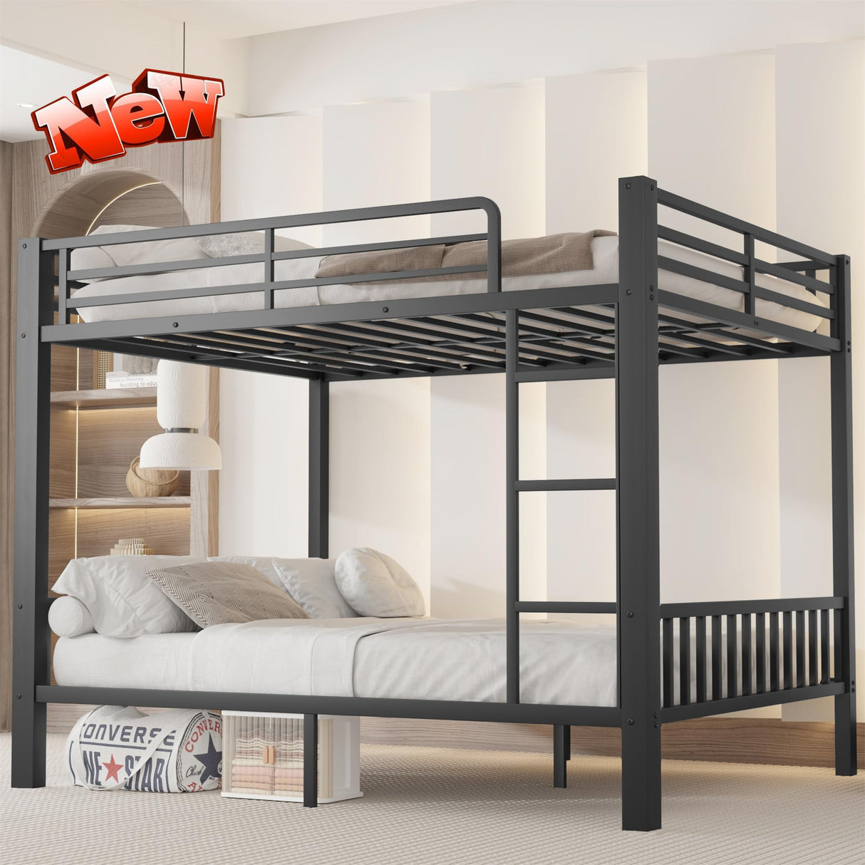 LEEKAF Stronger & Higher Quality Heavy Duty Steel Metal Queen Over Queen Size Bunk Bed, More Stable Thickened Bunk Queen Bed with Enhanced Legs & Slats (Faster Assembly) (Queen Over Queen-1) LEEKAF