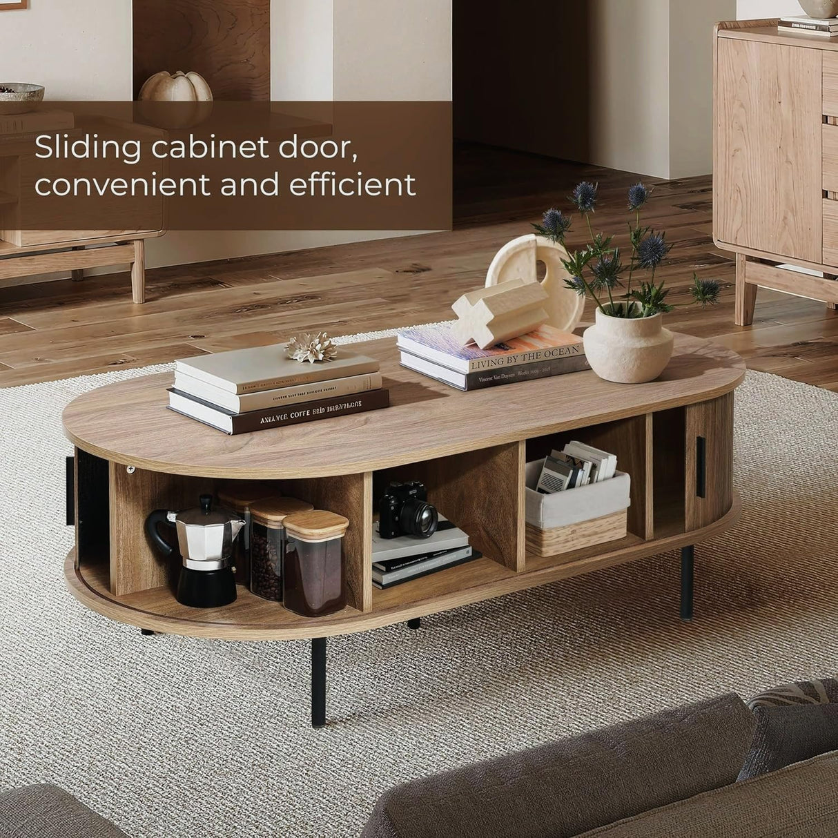 LuxenHome Oval Coffee Table with Storage, 47" Mid Century Modern Fluted Coffee Tables for Living Room, Wooden Sliding Door Boho Storage Center Table for Home, Office LuxenHöme