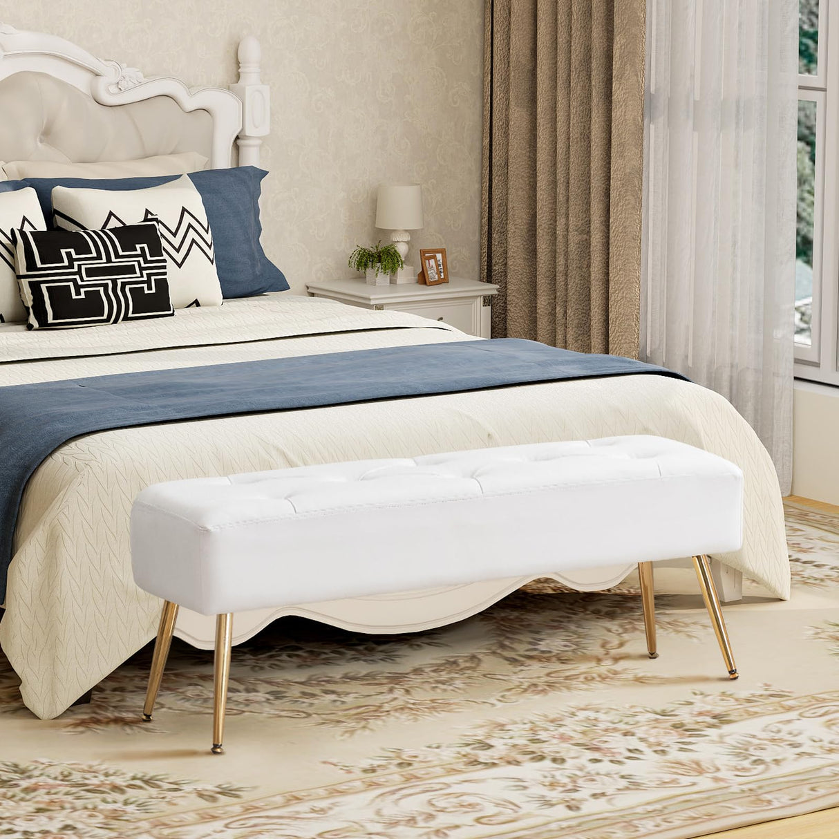 Furnimart Upholstered Tufted White Bench Ottoman with Padded Seat, Footrest Foot Stool with Sturdy Metal Leg, White Leather Bench for Bedroom Living Room Entryway Furnimart