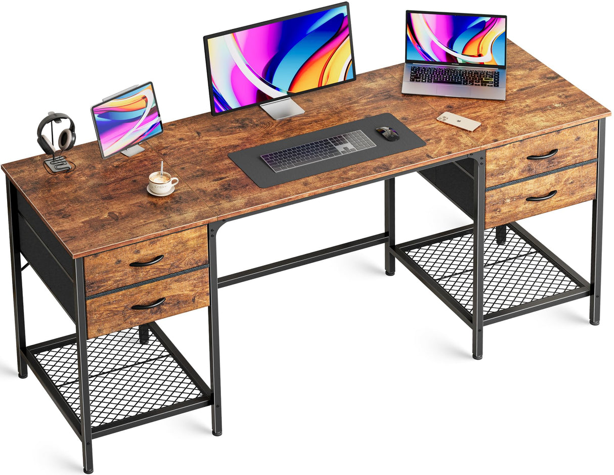 Huuger 63 Inch Computer Desk with 4 Drawers, Office Desk with Mesh Shelf, Gaming Desk, Large Storage, Writing Desk Work Desk for Home Office, Study, Bedroom, Work from Home, Rustic Brown Huuger