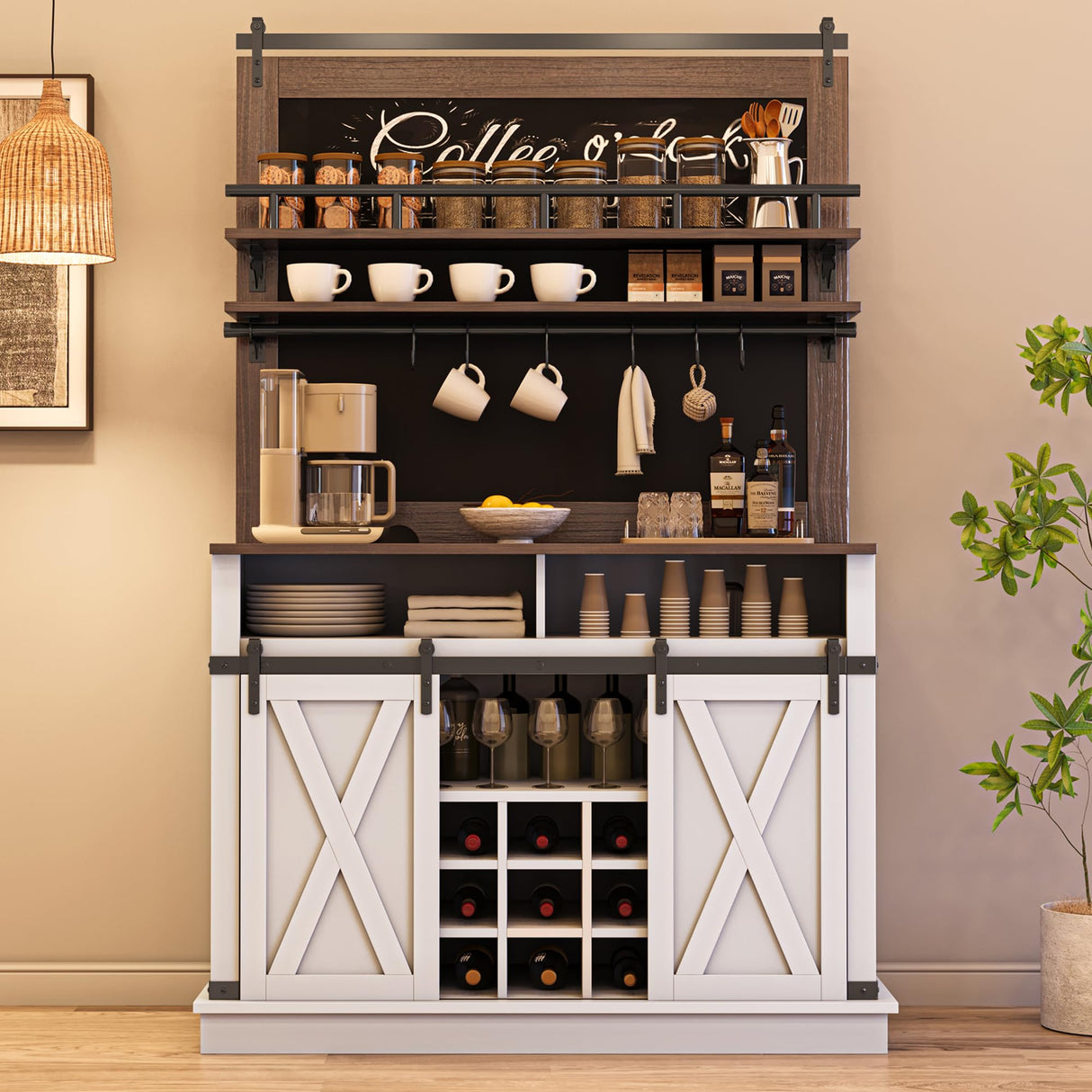 IDEALHOUSE Coffee Bar Cabinet, Farmhouse Buffet Cabinet with Storage, 75" Tall Bar Cabinet Kitchen Buffet Sideboard with Sliding Barn Door Coffee Hutch Cabinet for Dining Room (White) IDEALHOUSE
