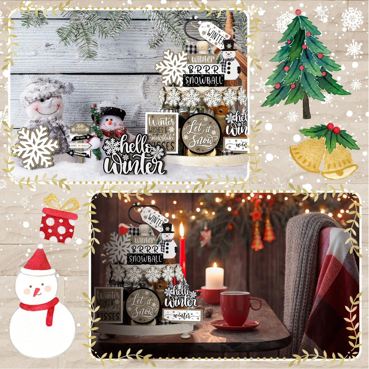Dandat 15 Pcs Christmas Tiered Tray Decor Winter Tiered Tray Decorations Set Hello Winter Let It Snow Snowman Snowflake Wooden Signs Farmhouse Table Centerpieces for Home Table Shelf Dandat