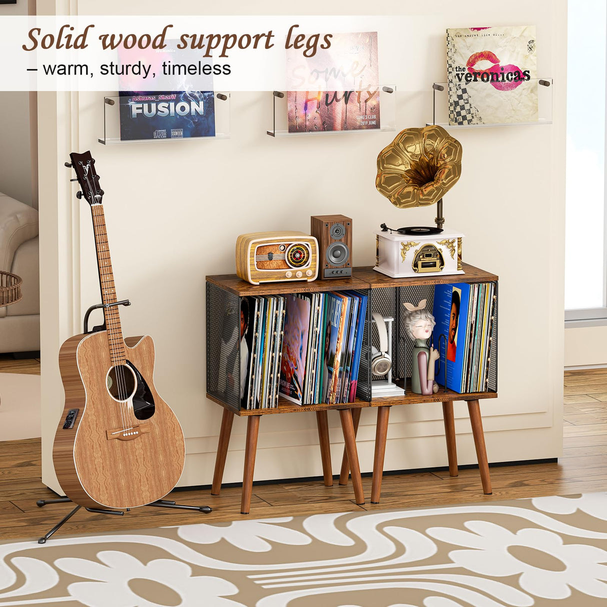 Yuzehuaza Record Player Stand with Storage up to 100 Albums,Small Vinyl Record Holder with Adjustable Divider, Retro Record Player Table with Wood Legs,Book/LP Record Shelf for Living Room Bedroom Yuzehuaza