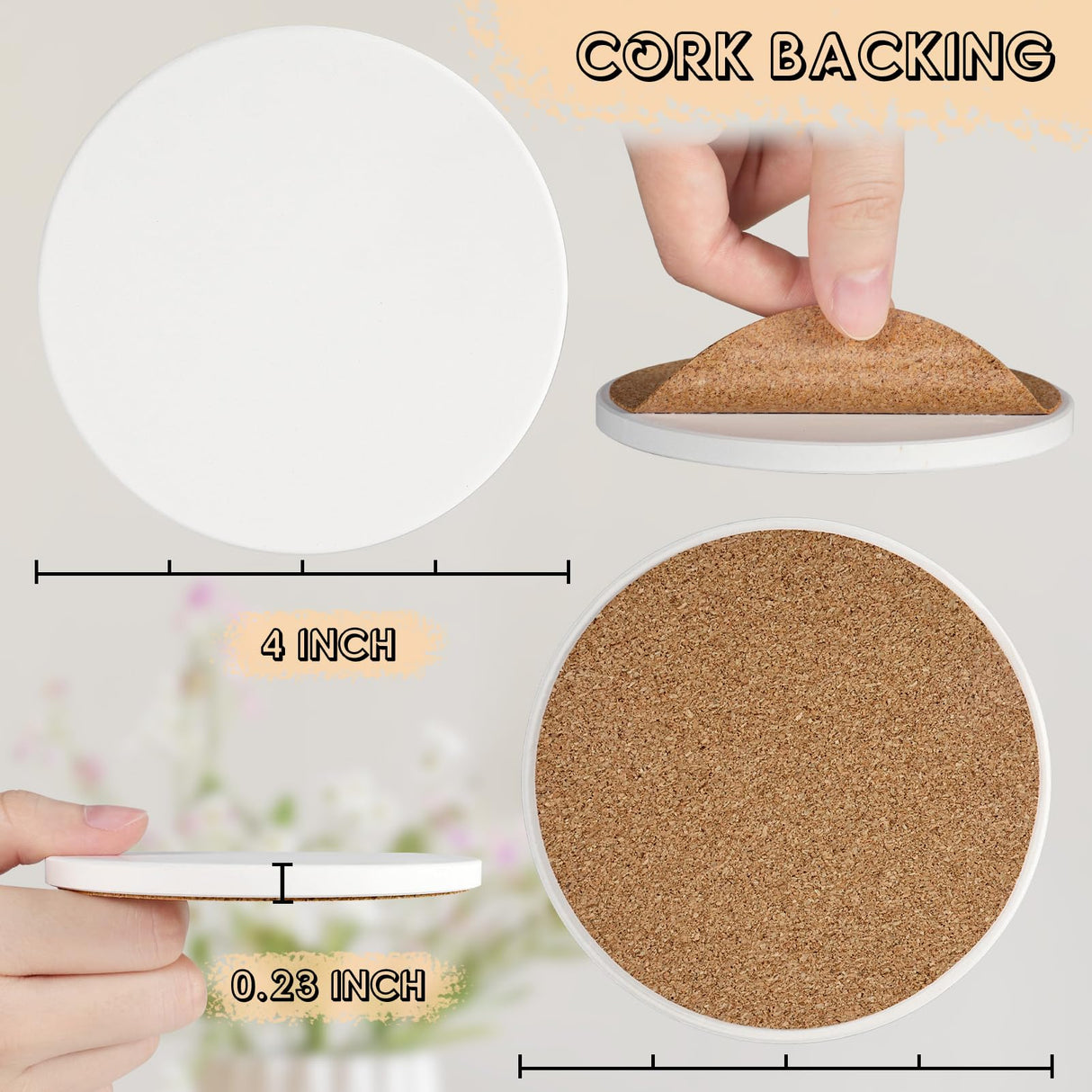 Ceramic Tiles for Crafts, GOH DODD 48 Pack Unglazed Blank Coasters White Tiles with 48 Cork Backing Pads for Alcohol Ink, Painting, Acrylic Pouring, DIY, Art Projects, Decorating, Round, 4 Inch GOH DODD