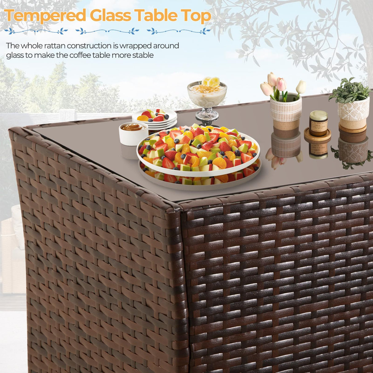 FHFO 4 Piece Outdoor Patio Furniture Sets, Wicker Sectional Conversation Sofa Set, Rattan Table and Chairs and Loveseat with Cushions for Outside Balcony Porch Backyard (Brown-Blue) FHFO