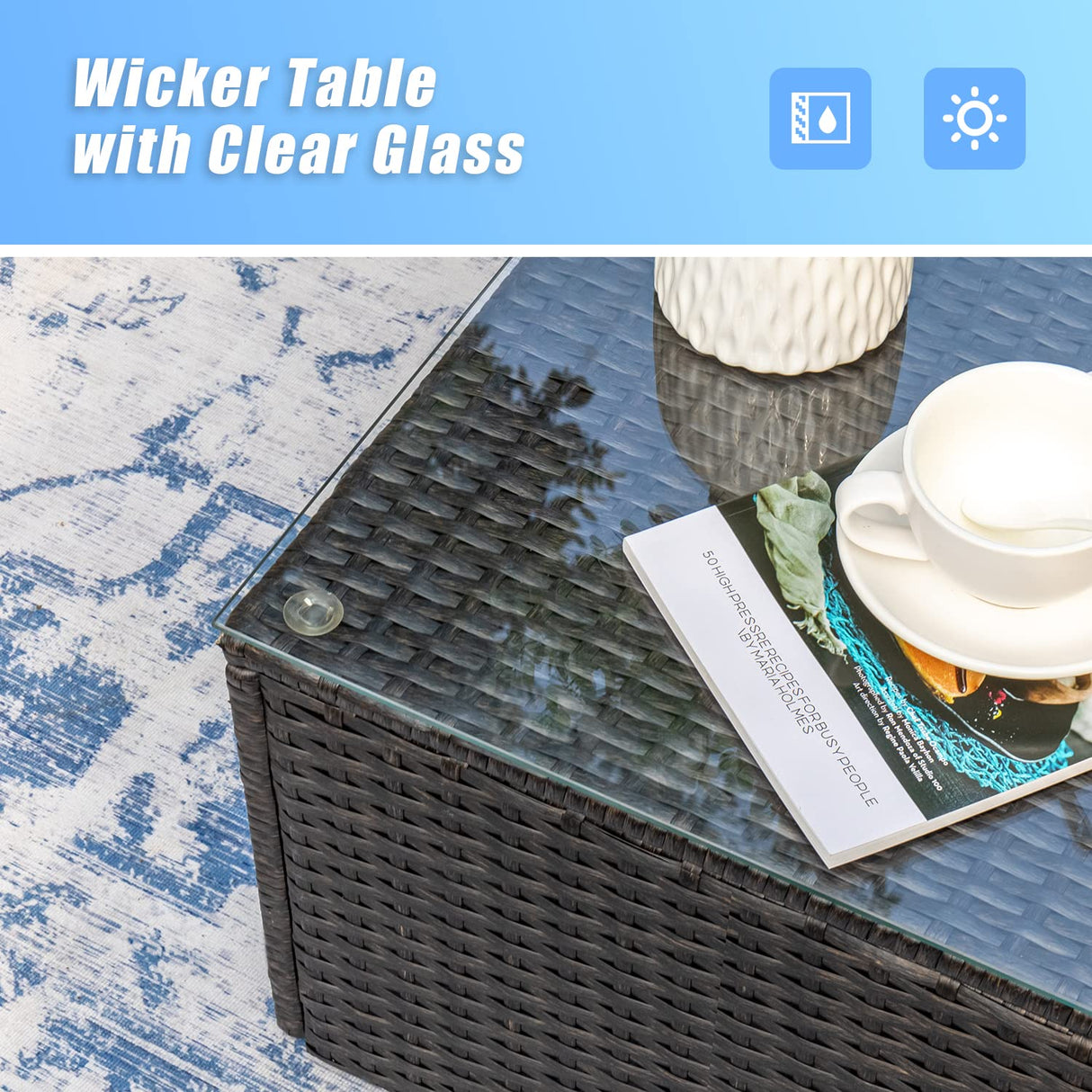 Greesum 5 Piece Patio Conversation Set Wicker Rattan Furniture Outdoor Sofa with Cushions,Pillows & Glass Table for Porch,Lawn and Yard,Beige Greesum