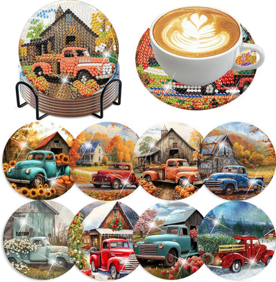 Ekuxom 8 PCS Truck Diamond Art Coasters Kits-5D Diamond Painting Coasters Kits with Holder-Cork Pads DIY Car Diamond Art for Adults Beginners Home Decor Crafts Gifts