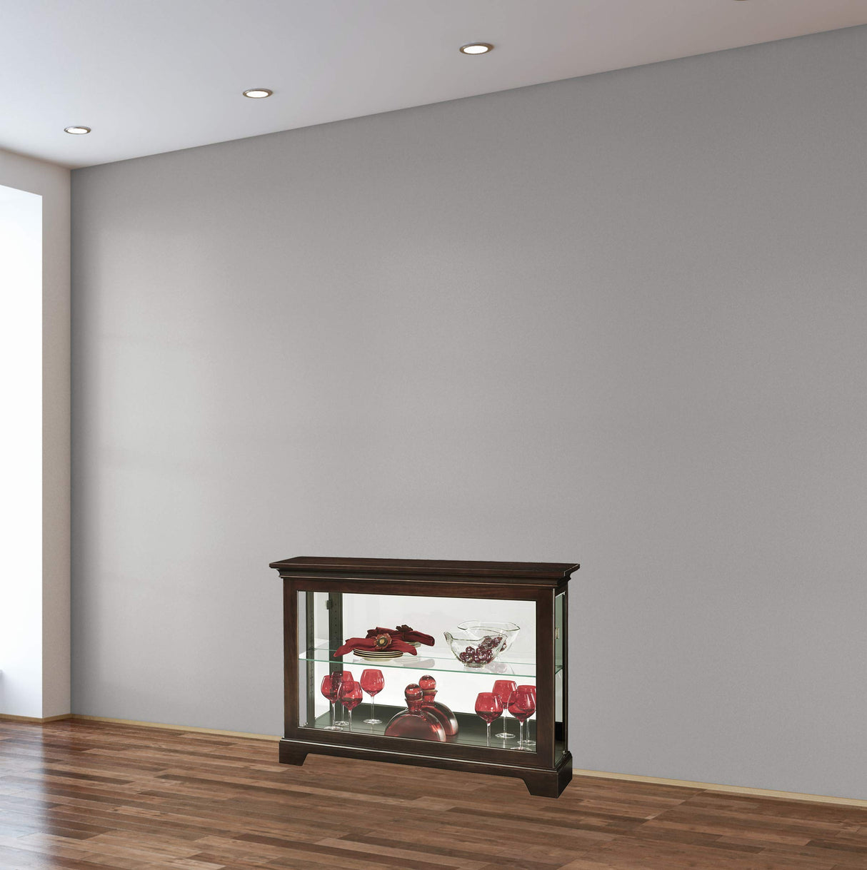 Howard Miller Underhill III Console Curio Cabinet 680-596 – Espresso Finish, Home Decor, One Glass Shelf, Two Level Display Case, No Reach Incandescent Light Howard Miller