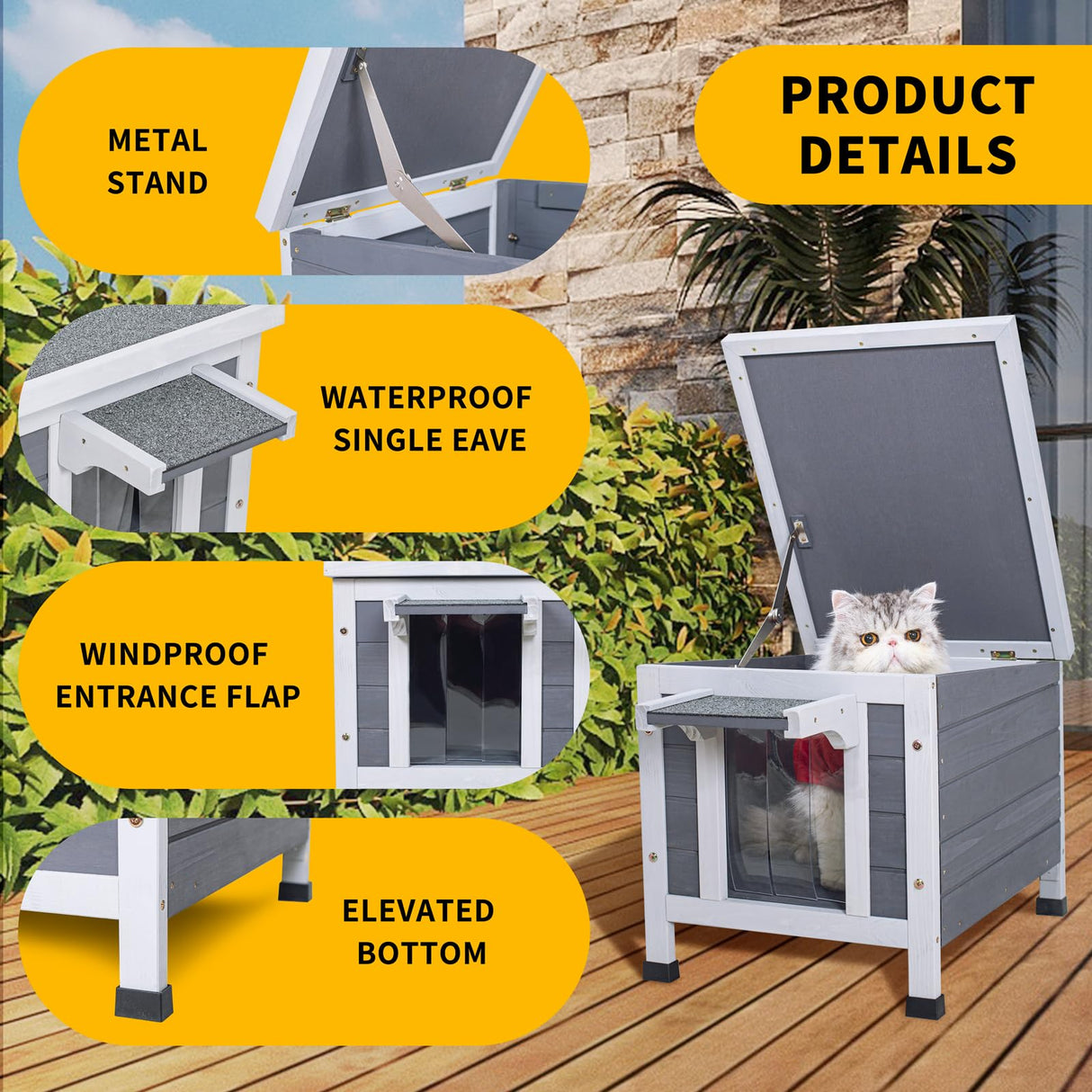 GEGURI Outdoor Cat House, Weatherproof Shelter for Ferrel Cats, Dogs, Rabbits Hutch with Elevated Floor, Asphalt Roof GEGURI