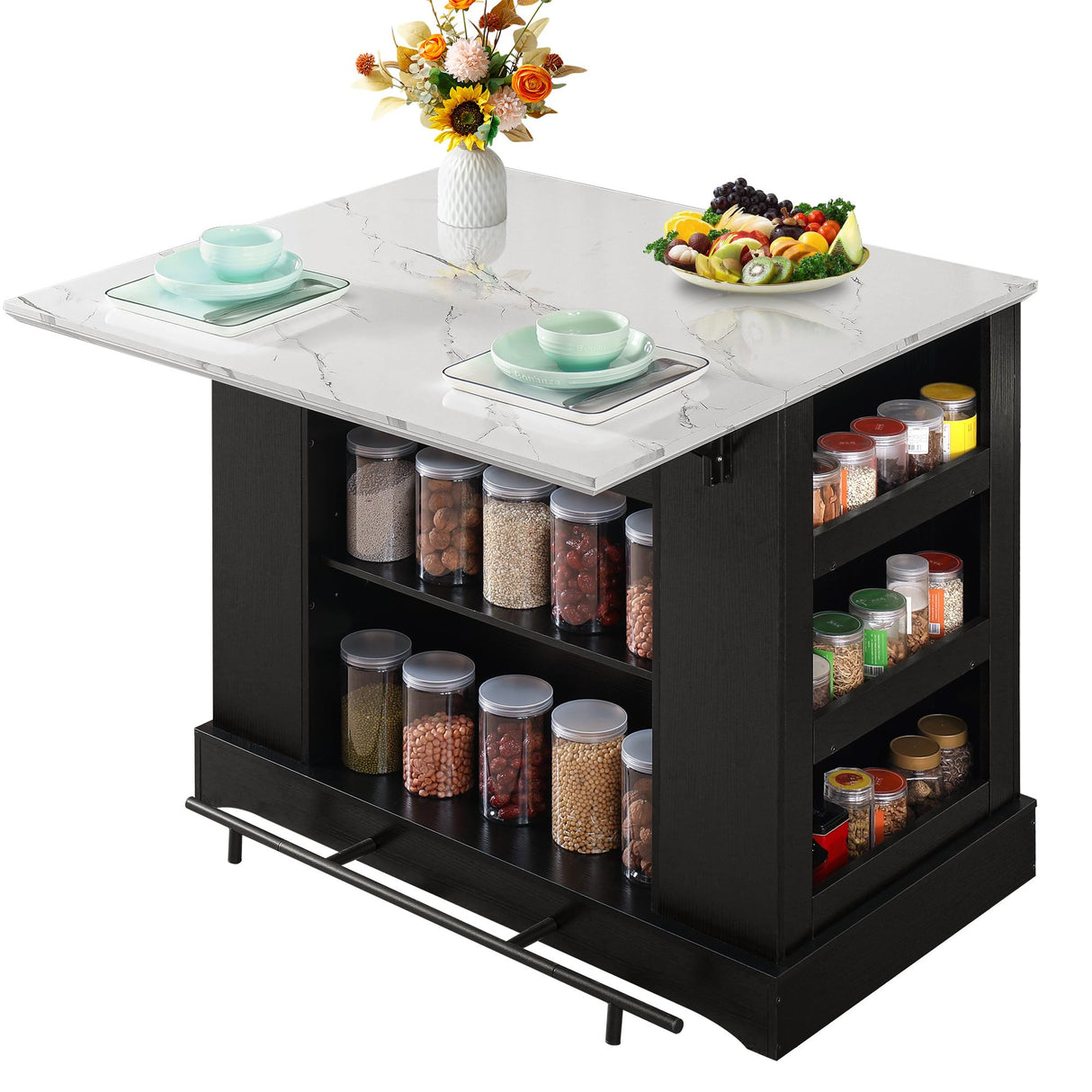 FUSUNBAO Large Kitchen Island with Storage & Power Outlet, Drawer, Adjustable Shelves, Side Open Compartments, and Drop Leaf,Island Table for Kitchen with Footrest,Black FUSUNBAO