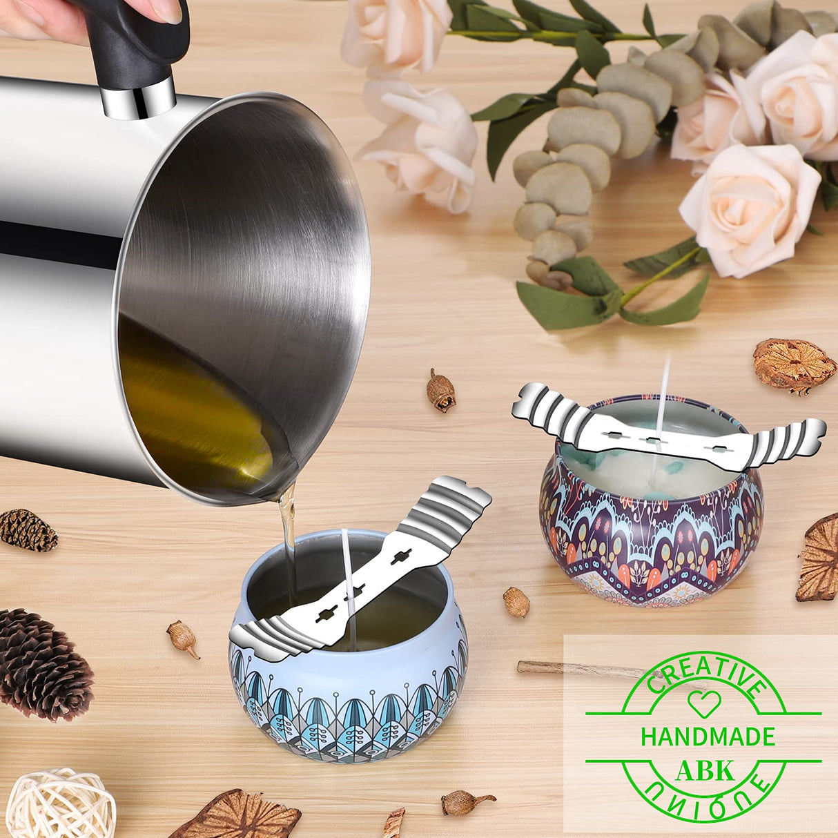 ABK Candle Making Pouring Pot, 1800ml/60oz Double Boiler Wax Melting Pot, 304 Stainless Steel Candle Making Pitcher with Heat-Resistant Handle and Dripless Pouring Spout Design,1Pc Spoon ABK