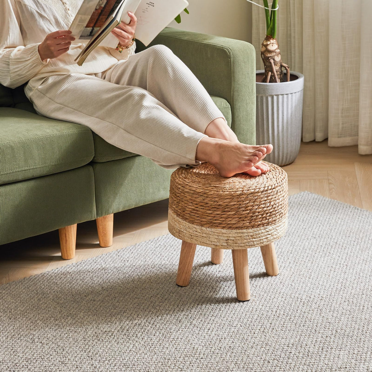 YMYNY Foot Stool Natural Seagrass Hand Weave, 12.6" Small Ottoman, Round Footrest for Living Room, Bedroom, Entryway, Change Shoes Stool, Non-Skid Wood Legs, Boho, Natural+White, UHBD027W YMYNY