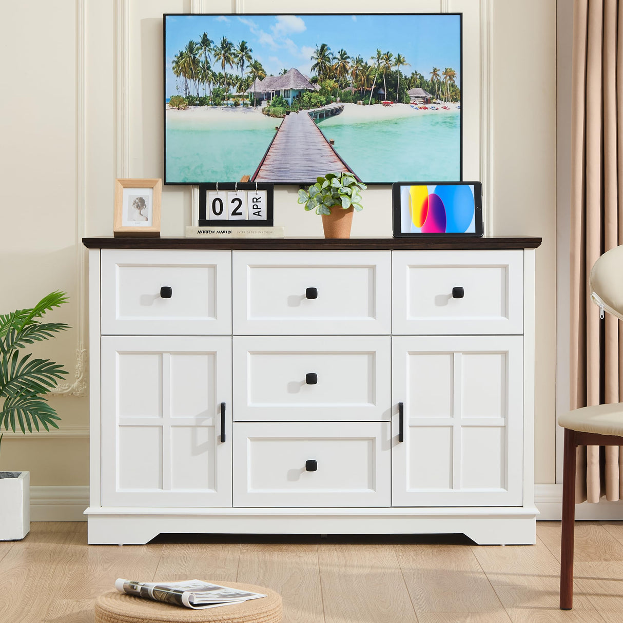 KHLJJU Farmhouse 5+2 White Dresser for Bedroom, Chest of Drawers for Bedroom with 5 wooden Drawers and 2 Cross Doors, Wood Dressers Storage TV Stand for Bedroom, Living Room KHLJJU