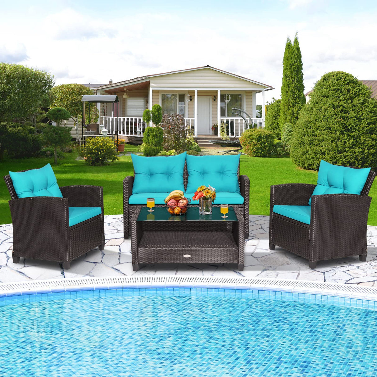 Tangkula 4-Piece Patio Furniture Set, Rattan Wicker Chair Set with 1 Loveseat, 2 Single Sofas, 1 Coffee Table with Tempered Glass Top, Outdoor Furniture Sets for Backyard, Porch, Garden and Poolside Tangkula