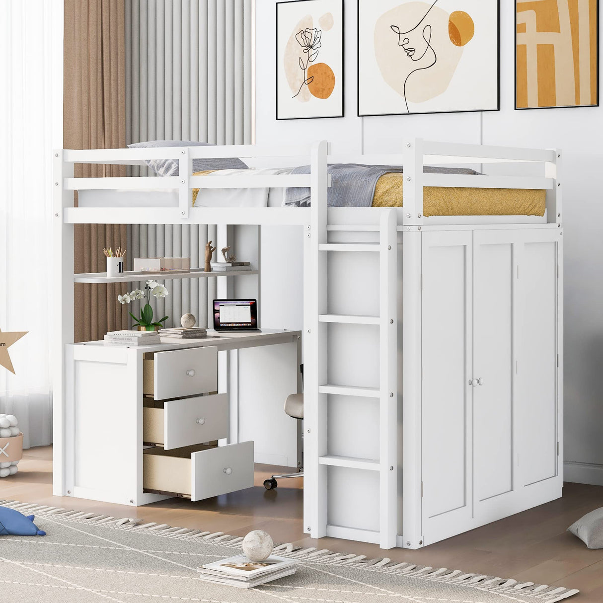 Harper & Bright Designs Full Size Loft Bed with Desk and Wardrobe, Solid Wood Loft Bed Frame with Storage Drawers, for Kids Teens Adults (White) Harper & Bright Designs
