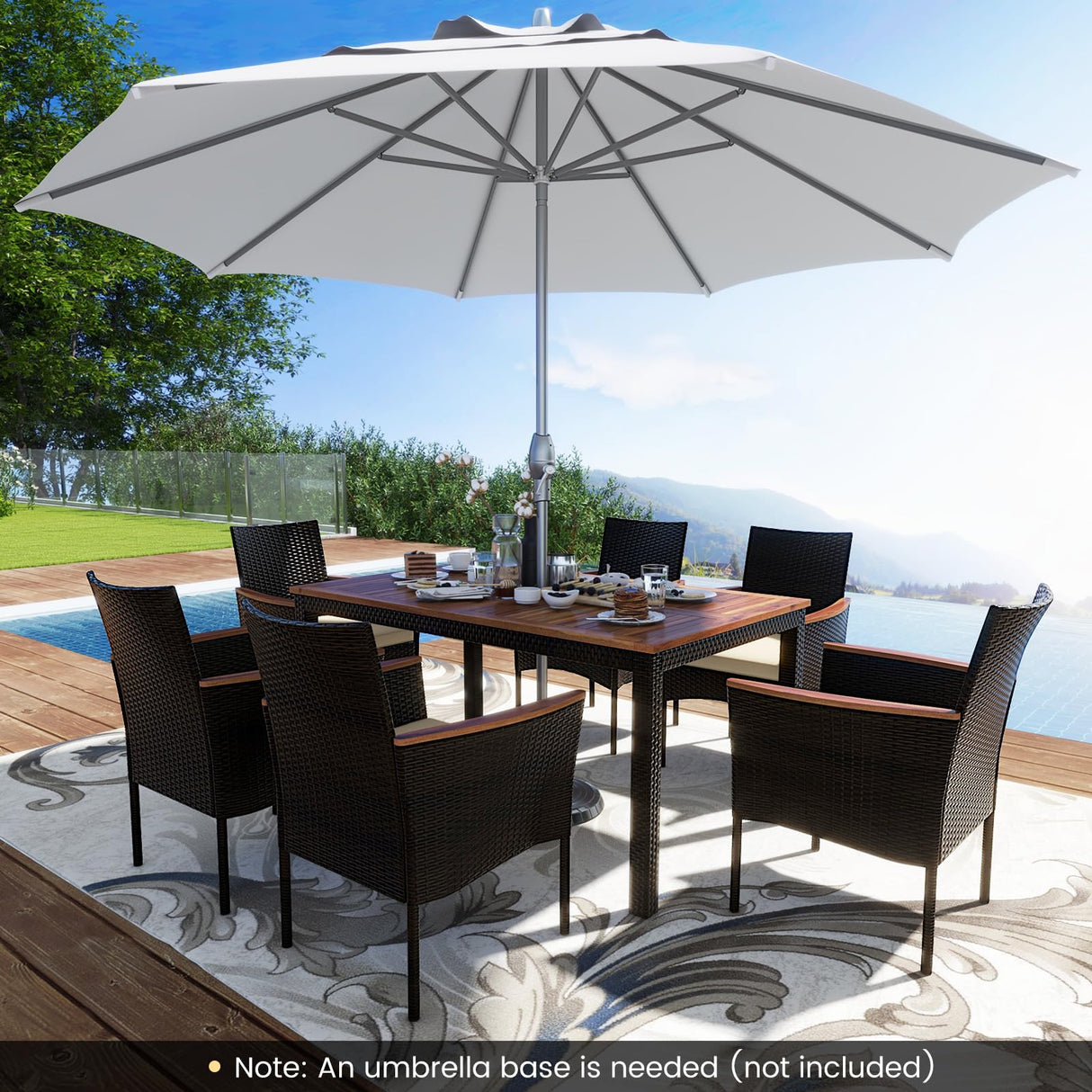 S AFSTAR 7 Piece Patio Dining Set, PE Rattan Outdoor Dining Furniture Set for 6 with Stackable Chairs & Acacia Wood Table, 1.96'' Umbrella Hole, Outdoor Table and Chairs for Backyard, Deck, Garden S AFSTAR